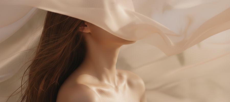 A close-up lifestyle shot of a woman with long brown hair wearing a wide-brimmed cream satin hat and draped sheer fabric, set against a matching cream background.